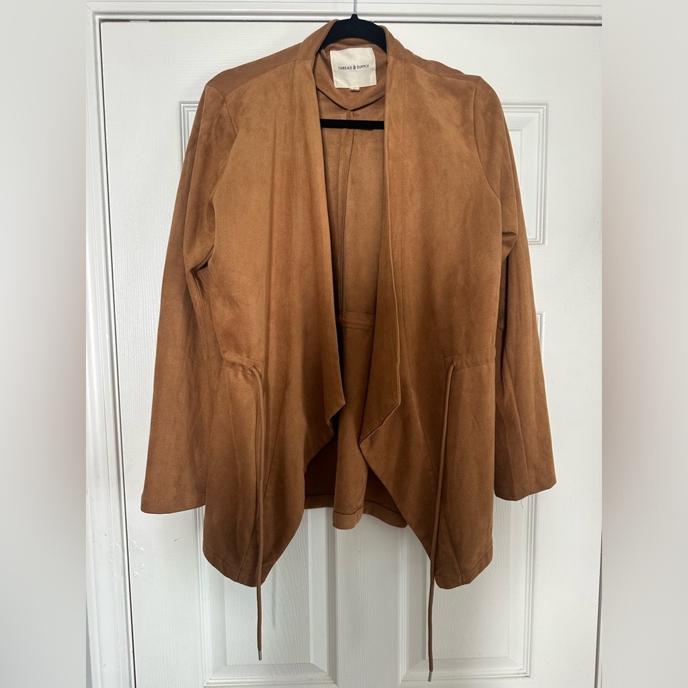 Thread Supply Jacket Cardigan Faux Suede Brown Open Front Pockets Drawstring M
